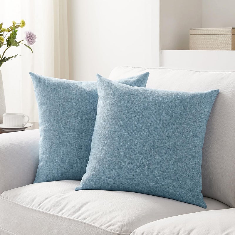 Meekio Set of 2 Light Blue Pillow Covers 20 x 20 Inch Farmhouse Boho Decorative Throw Pillow Covers Linen Cushion Covers for Sofa Couch D?cor - Image 1